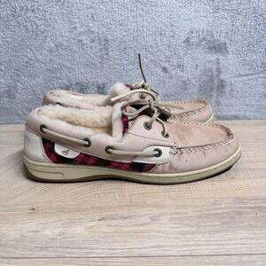 Sperry Furry Bluefish Boat Shoe Women 8.5 Beige Red Plaid Leather Top-Sider Mocs